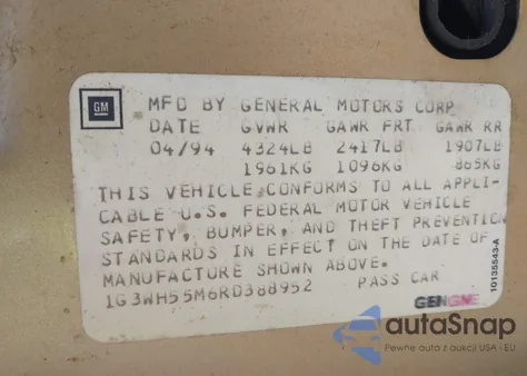 1994 Oldsmobile Cutlass Supreme S z USA, uszkodzony, nr VIN 1G3WH55M6RD388952